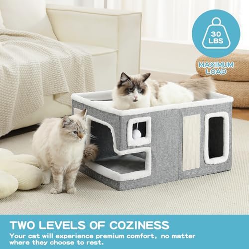 Large Cat Houses for Indoor Cats, Extra Wide Cat Cave Bed with Scratch Pad and Fluffy Ball, Foldable Cat Hideaway Condo for Large Cats, Modern Kitten Bed,23x16x13 inches (Grey, X-Large) - Image 5