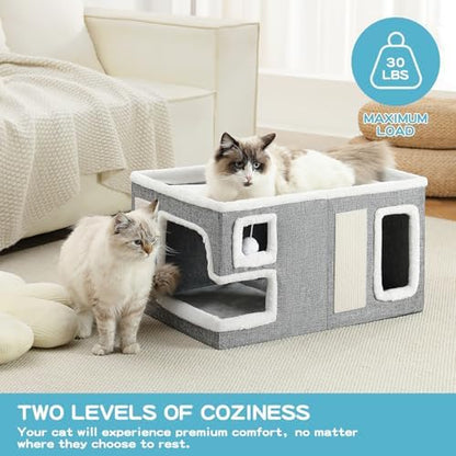 Large Cat Houses for Indoor Cats, Extra Wide Cat Cave Bed with Scratch Pad and Fluffy Ball, Foldable Cat Hideaway Condo for Large Cats, Modern Kitten Bed,23x16x13 inches (Grey, X-Large) - Image 5
