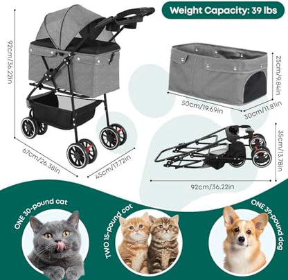 Pet Stroller,Dog Stroller for Small Medium Dogs Cats,3 Wheels,Grey - Image 2