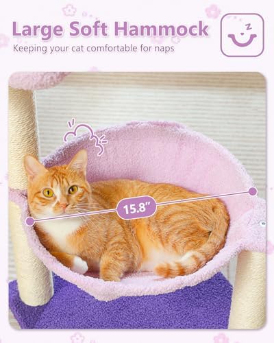 MUTTROS Flower Cat Scratching Post, 28" Cute Cat Tree Tower for Indoor Cats with Large Hammock Soft Perch Bed, Replaceable Toy Ball for Kittens, Purple - Image 3
