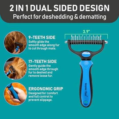 Maxpower Planet Pet Grooming Brush and 2X Grooming Gloves Combo - Double Sided Dematting, Deshedding Undercoat Rake for Dogs and Cats - Reduce Shedding Easily - Blue - Image 2