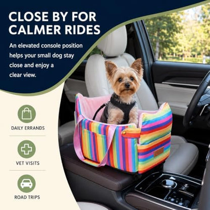 Console Dog Car Seat for Small Dogs to 15lbs (Rainbow Stripes) - Image 2