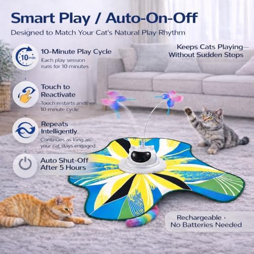 Interactive Cat Toy for Indoor Cats, Rechargeable 3-in-1 Hide and Seek Cat Toy with Spinning Butterfly & Plush Tail, Ultra-Quiet Touch Activated Self Play Cat Exercise Toy for Adult Cats & Kittens - Image 3