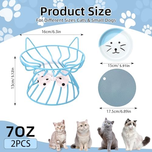 Set of 2 Elevated Ceramic Cat Dishes, Pink & Blue - Image 2