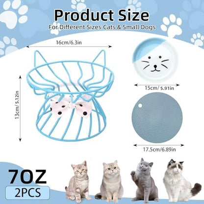 Set of 2 Elevated Ceramic Cat Dishes, Pink & Blue - Image 2