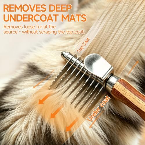 Pet Dematting Comb for Dogs & Cats, 45° Stainless Steel Undercoat Rake Removes Mats, Knots, Tangles & Loose Fur, Grooming Brush for Long & Short Haired Pets, Ergonomic Natural Bamboo Handle - Image 2