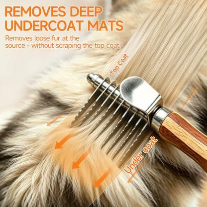 Pet Dematting Comb for Dogs & Cats, 45° Stainless Steel Undercoat Rake Removes Mats, Knots, Tangles & Loose Fur, Grooming Brush for Long & Short Haired Pets, Ergonomic Natural Bamboo Handle - Image 2