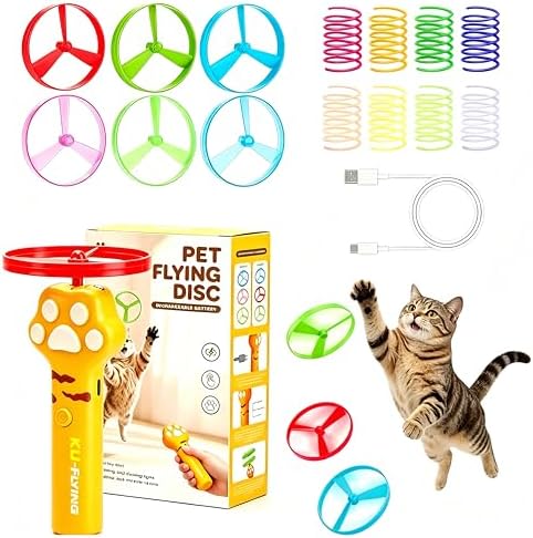 Cat Dog Launcher Toy, Rechargeable Interactive Pet Toy with LED Lights Cat Fetch Toys with 6 Flying Spinner Discs, 8pcs Cat Spring Toy, Adjustable Launch Control for Hunting Indoor Outdoor by Unknown
