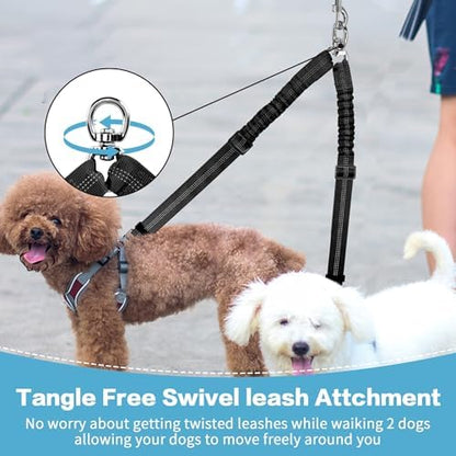 YAODHAOD Double Dog Leash,Two Dog Leash Splitter, No Tangle 360° Swivel Rotation Reflective Lead, Adjustable Length Bungee Heavy Duty Walking Training Dual Extension (Black) - Image 2