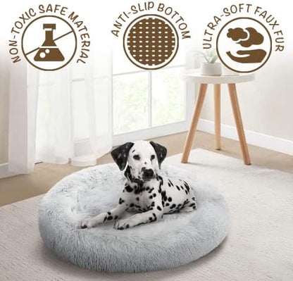 Friends Forever Donut Dog Bed Faux Fur Fluffy Calming Sofa For Small Dogs, Soft & Plush Anti Anxiety Pet Couch For Dogs, Machine Washable Coco Pet Bed with Non-Slip Bottom, 23"x23"x6" Ivory - Image 4