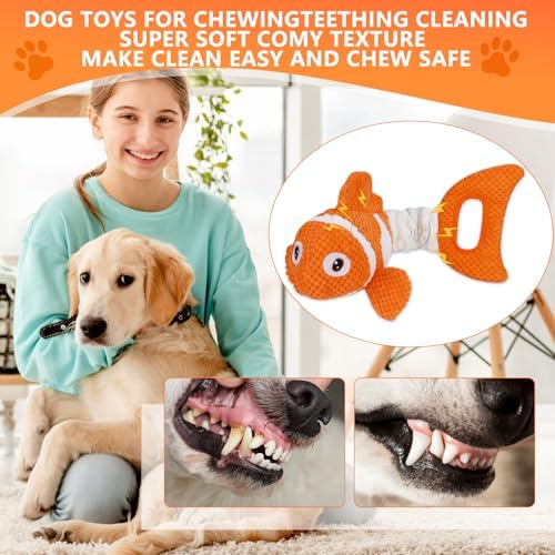 Squeaky Clownfish Dog Toy, Plush Crinkle Tug Toy with Handle - Image 2