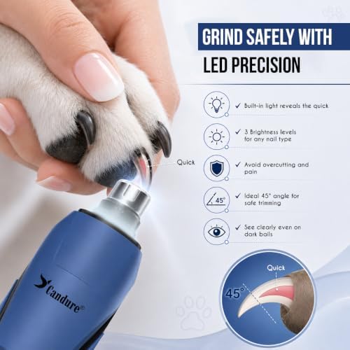 Candure Whisper Quiet Dog Nail Grinder with 360 Degree LED Light, 6-Speed Rechargeable Pet Nail Trimmers with Extra Grinding Head for Safe, Stress-Free Grooming for All Pet Sizes (Dark Blue) - Image 4