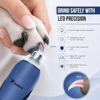 Candure Whisper Quiet Dog Nail Grinder with 360 Degree LED Light, 6-Speed Rechargeable Pet Nail Trimmers with Extra Grinding Head for Safe, Stress-Free Grooming for All Pet Sizes (Dark Blue) - Image 4