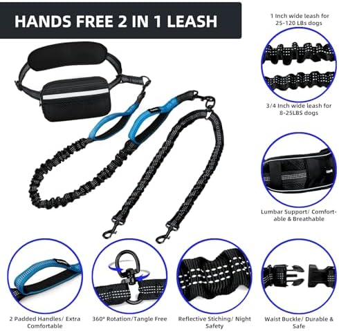 Uppetly Hands Free 2 Dog Running Leash with Waist Belt, Dual Handle Elastic Bungees Retractable Rope for Medium and Large Dogs, Reflective Stitches for Walking Hiking Biking (Large Blue, 25-120lb) - Image 3