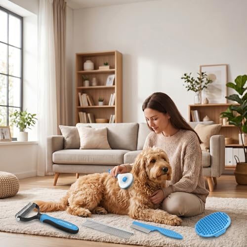 5-in-1 Dog Grooming Kit with Self Cleaning Brush & Rake, Blue - Image 5