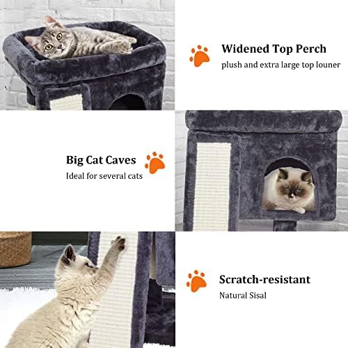 SYANDLVY Small Cat Tree for Indoor Cats Large Adult, Activity Tower with Scratching Post, Modern House with Padded Perch, Kittens Condo with Board, Cat Cave (Smoky Grey) - Image 4