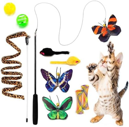 AWOOF Butterfly Cat Wand Cat Toys Set, Realistic Crinkle Catnip Butterflies Kitten Toys with Retractable Interactive Cat Wand 11 PCS Cat Toys for Indoor Cats by AWOOF