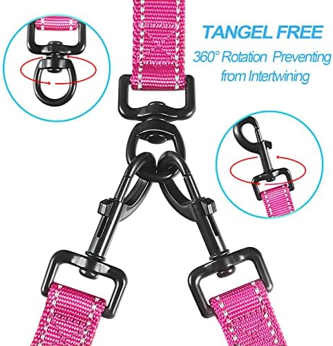 PetBonus Double Dog Leash, No Tangle Dual Leash, Reflective Walking Training Lead, 4 Comfortable Padded Handles for 2 Dogs with Collapsible Bowl and Waste Bags (Pink, Large) - Image 2