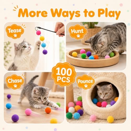 100 Pcs Cat Pom Pom Balls, 1 Inch Colorful Cat Toy Balls - Image 6