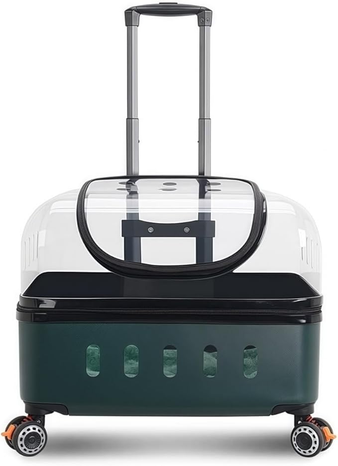 Pet Carrier with Wheels, Travel Pet Case with Transparent Window, Dog & Cat Carrier for Pets Weighing Up to 22 Pounds (Dark Green)