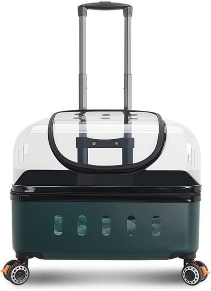 Pet Carrier with Wheels, Travel Pet Case with Transparent Window, Dog & Cat Carrier for Pets Weighing Up to 22 Pounds (Dark Green)