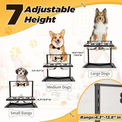 Grand Line Elevated Dog Bowls - 7 Height Adjustable, 10 Tilted Raised Stand With Spill Proof Mat, Two 1.5L Stainless Steel Food Water Bowls for Large Medium Small Dogs (15.4" H) - Image 3
