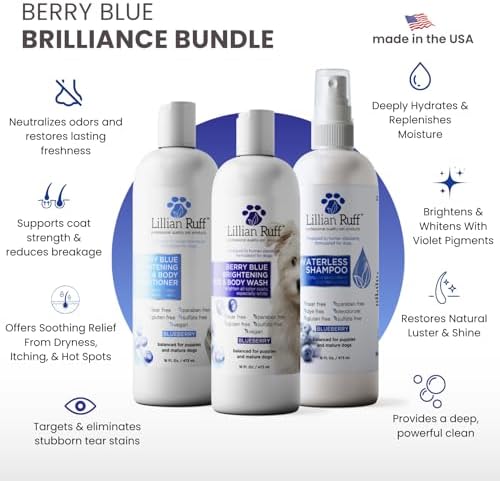 Lillian Ruff PRO Formula Berry Blue Brilliance Bundle - Ultimate Tear Stain & Odor Eliminator Set, Includes Berry Blue Shampoo, Conditioner & Waterless Shampoo, Hydrate, Soften & Detangle, USA Made - Image 2
