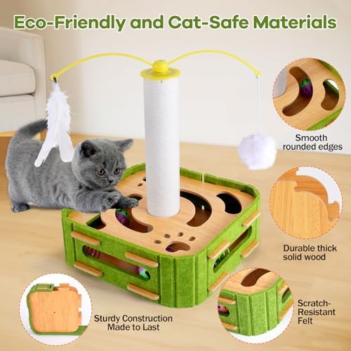 5-in-1 Cat Puzzle Box Toy for Indoor Cats Boredom Relief Interactive Wooden Cat Enrichment Maze with Balls, Feather Wands & Spiral Springs, Slow Feeder Treat Dispenser for Kittens & Adult Cats - Image 4