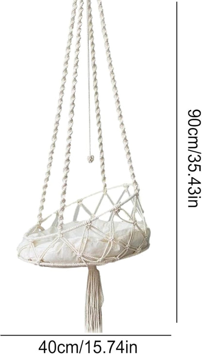 Cat Hammock, Handmade Woven Tassel Hanging Pet Bed for Kitten & Puppy, Pastoral Style Cats Swing Hammock with Cotton Mat for Palying Sleeping Lounging, 40cm