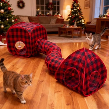 Cat Tunnels for Indoor Cats with Cube Tent Toys Combo, Interactive Collapsible Tent for Hiding Hunting and Resting, Pet Tube with Toy Bell for Kitten, Rabbit, Puppy, Ferret - Set of 3 by GONPETGP