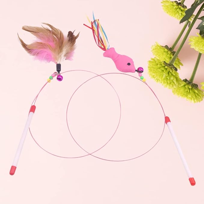 TEHAUX Cat Teaser Wand 27.55 Inch Interactive Fishing Pole with Feather Fish Design and Bells for Kitten Exercise and Play
