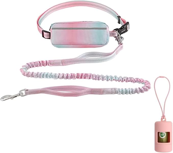 Hands-Free Zipper Pouch Dog Leash 4-6 Foot Elastic Waist Leash Suitable for Medium to Large Dogs Dual-Layer Cushioned Handle & Jogging Dual-Use Design (Pink)