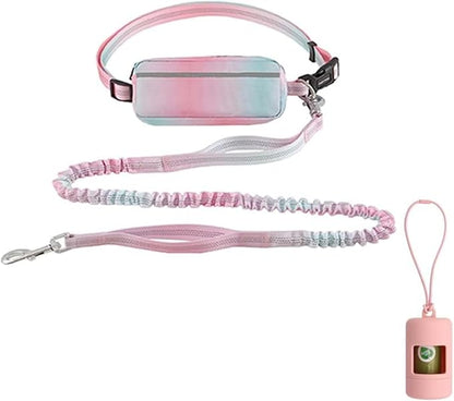 Hands-Free Zipper Pouch Dog Leash 4-6 Foot Elastic Waist Leash Suitable for Medium to Large Dogs Dual-Layer Cushioned Handle & Jogging Dual-Use Design (Pink)