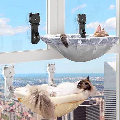JUNSPOW Cat Window Perch Cordless, Glow in The Dark & Stable Cat Beds- Breathable Window Hammock for Overlooking, Sunbathing and Climbing - Maximum Hold Up to 40lb(Grey+Cream) by JUNSPOW