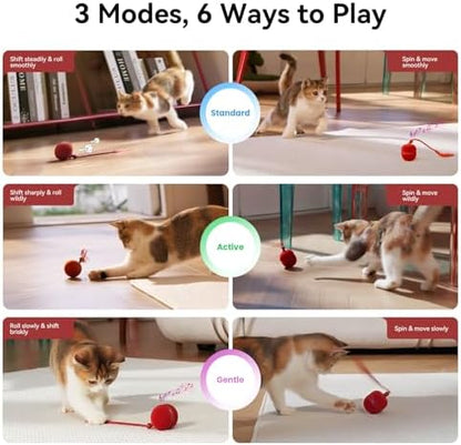 Cheerble 2 in 1 Interactive Cat Toys for Indoor Cats - Wicked Ball Duo2 Automatic Cat Toy, Dual Interchangeable Shells, Electric Moving Cat Ball with Tail & Chirping Sounds, Red - Image 3