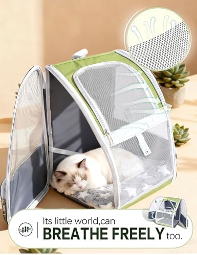Cat Backpack Carrier with Washable Bed Mat Green Cat Carrier - Image 4