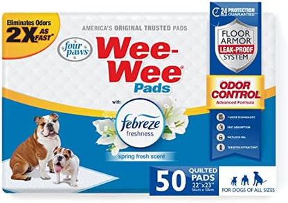 Four Paws Wee-Wee Odor Control with Febreze Freshness Pee Pads for Dogs & Puppies, Leak-Proof Dog Housebreaking Potty Training Floor Protection, Spring Fresh Scent, 22" x 23", 50 Count by FourPaws