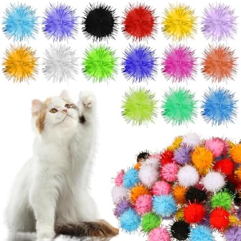 100 Pcs Cat Pom Pom Balls, 1 Inch Cat Toy Sparkle Balls Soft Interactive Cats Puff Ball Toys for Indoor Exercise Playing Entertainment and Crafts (Multicolor) by Unknown