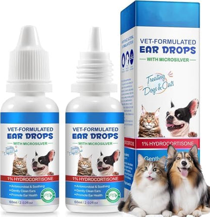 2PCS Ear Infection Treatment Drops for Dogs & Cats, Ear Cleaner Solution Drops for Dogs & Cats with 1% Hydrocortisone Soothing Yeast Infection, Itchy Ear Relief, Treats Ear Infections for Dogs - 60ml by VOSIFSDIY