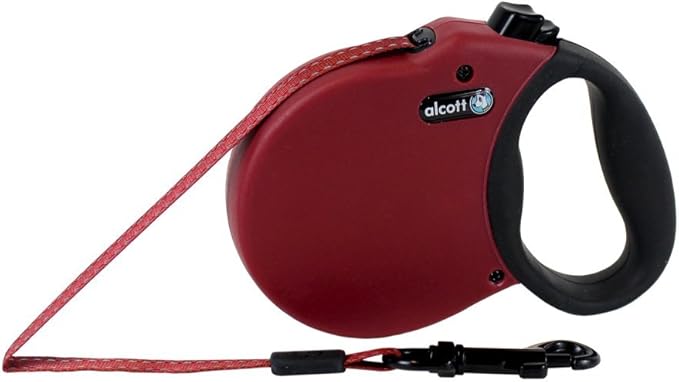 Alcott Adventure Retractable Reflective Belt Leash, 10' Long, Extra Small for Dogs Up to 25 lbs, Red with Black Soft Grip Handle