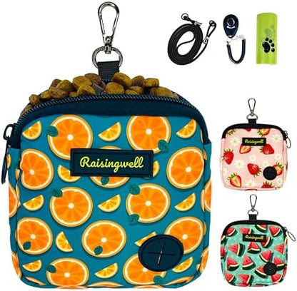 Raisingwell Dog Treat Pouch for Pet Walking and Training with Clicker Poop Bags Small Fanny Zipper Pack Holder for Puppy Snack Dispenser Kit for Leash and Outdoor Use (Fruit Orange) by Raisingwell