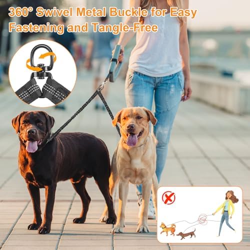 Double Dog Leash, 360° Swivel No Tangle Dog Leash for 2 Dogs, Black Shock Absorbing Reflective Bungee Double Leashs for Medium Dogs Walking Training - Image 5