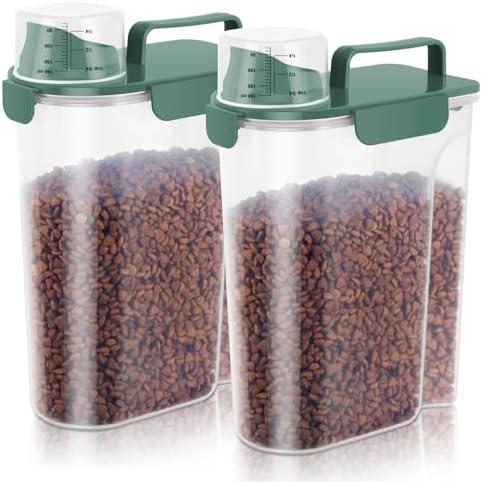 LEAWALK 5-7lbs Cat Dog Storage Container Portable with Upgraded Large Spout and Cup, Plastic Pet Food Dispenser BPA-Free for Small Animal Kibble, Bird Seed, Oatmeal, Rice, Flour-2Pack Royal Green by LEAWALK