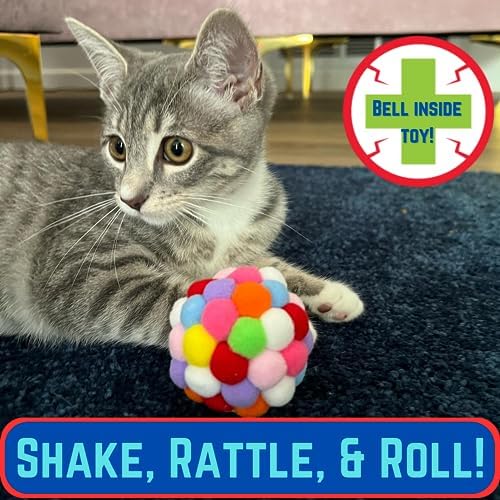 Smokey's Stash Cat Toy Plush Pom Cat Balls with Bells Inside, Colorful and Fuzzy Cat Toys for Indoor Cats and Kittens (Multi Size 3 Pack) (Mix) - Image 2