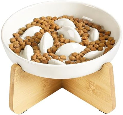 PETTOM Slow Feeder Cat Bowl with Stand, Ceramic Slow Eating Cat Bowl with Higher Edges Fish Pool Design Elevated Food Bowls for Dry and Wet Food Anti-Vomiting Puzzle Feeder for Healthy Eating Diet by PETTOM