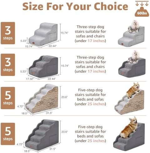 Woochpet 3-Tier Dog Stairs for Beds Foam Ramp Stairs for Couch Light Grey - Image 6