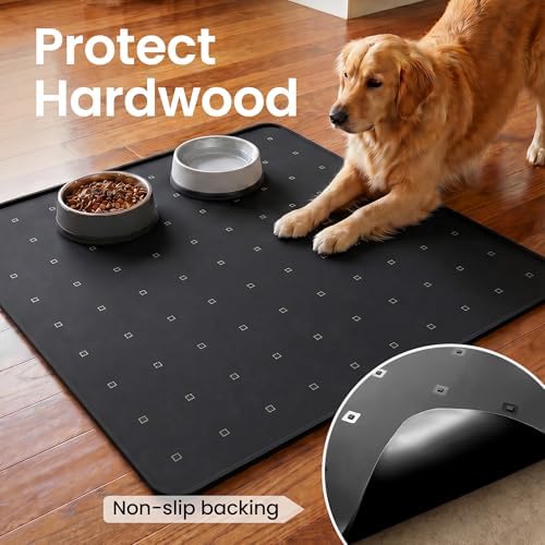Silicone Pet Feeding Mat, 26x26 Inch Waterproof Dog Bowl Mat – Non-Slip, Machine Washable, Thin 0.23 Inch Edge for Messy Eaters, Protects Hardwood & Tile Floors, Black - Image 4