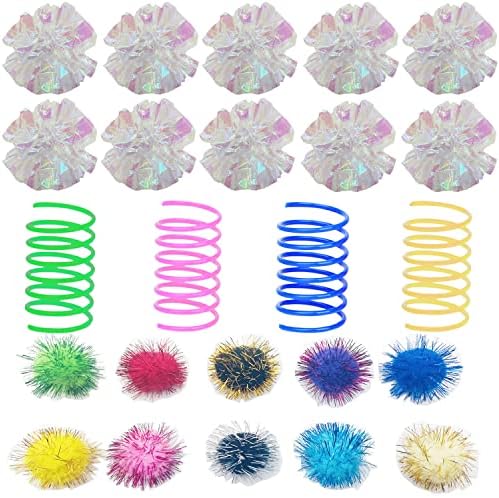 32 Pcs Crinkle Balls Cat Toy and Cat Spring Toy, 12 Pcs Mylar Crinkle Ball, 10 Pcs Cat Spiral Spring, 10Pcs Sparkle Balls Tinsel poms, for Cats Kittens Playing Interacting by Muluo