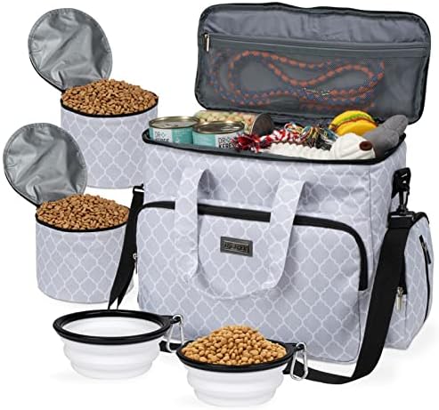 BAGLHER Dog Travel Bag, Pet Travel Bag (ALL Pet Travel Supplies), With 2 Pet Food Containers and 2 Collapsible Silicone Bowls; Essential Kits for Pet Travel DLwhite by BAGLHER