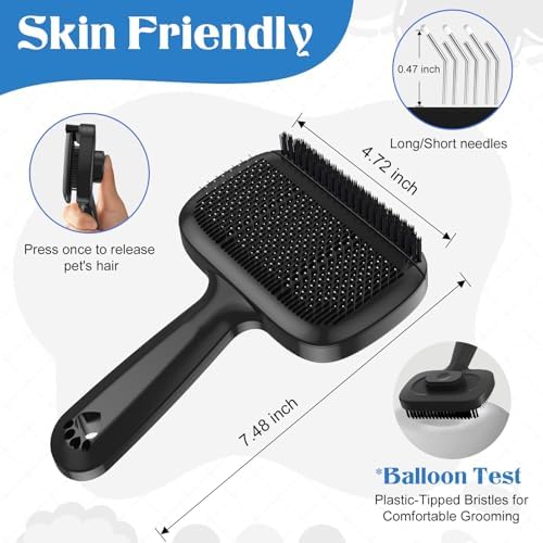 Self Cleaning Dog Brush for Shedding - Bristle Brush and Long/Short Needles Design, Skin Friendly, Slicker Deshedding Dog Brush, Hair Removal for Long & Short Haired Pets (Black) - Image 2